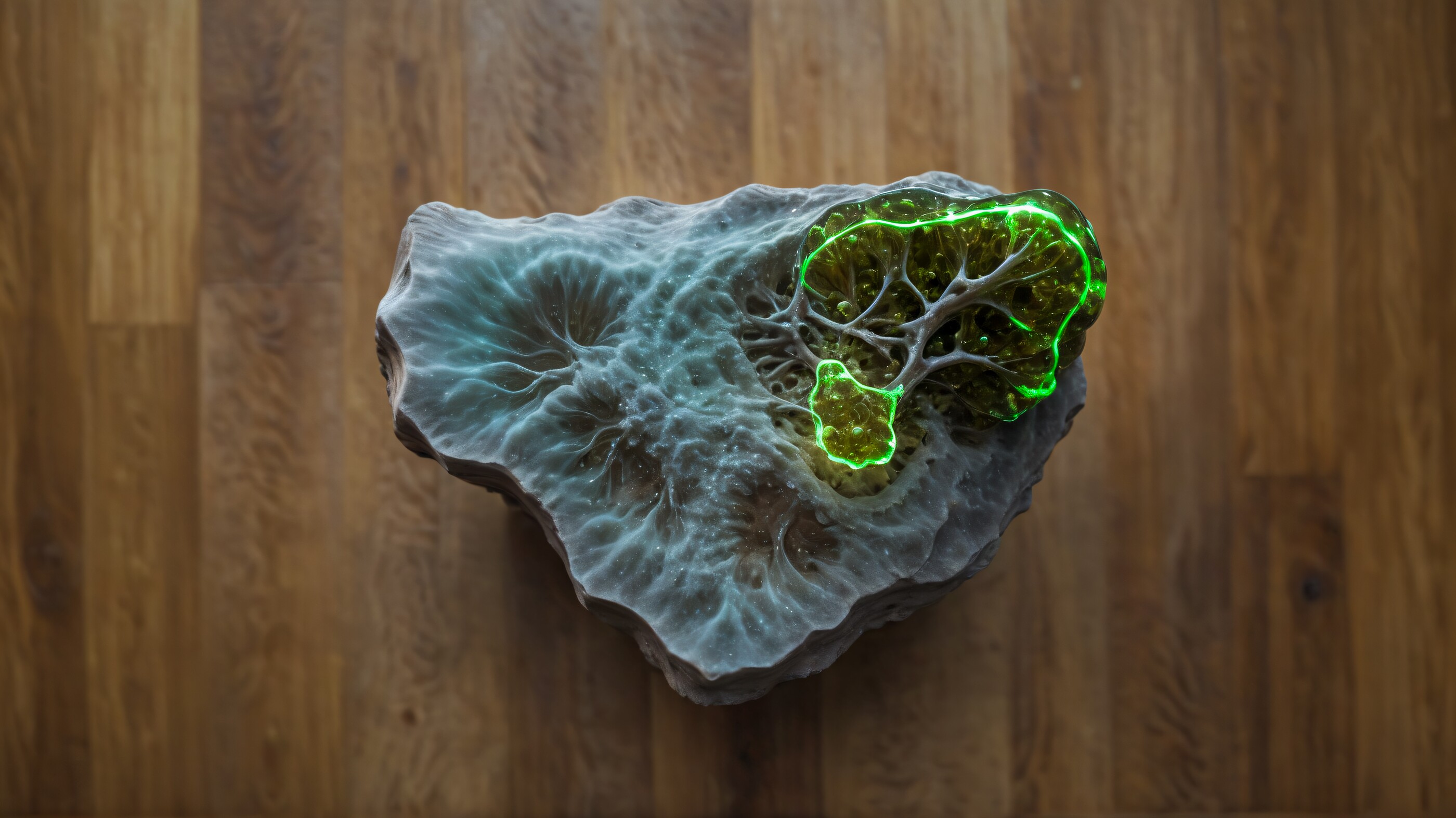 Sculpture resembling a mineral cross-section, cast in translucent resin over dark stone, with a glowing green line embedded inside, on wood floor
