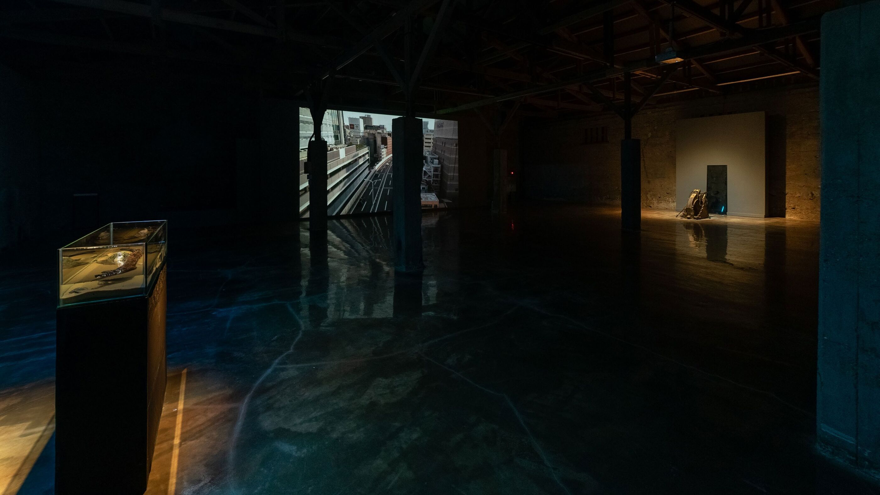 Wide gallery view with a wall projection of an elevated highway and city buildings, a lit glass case at left, and a dark sculpture against a white wall at right