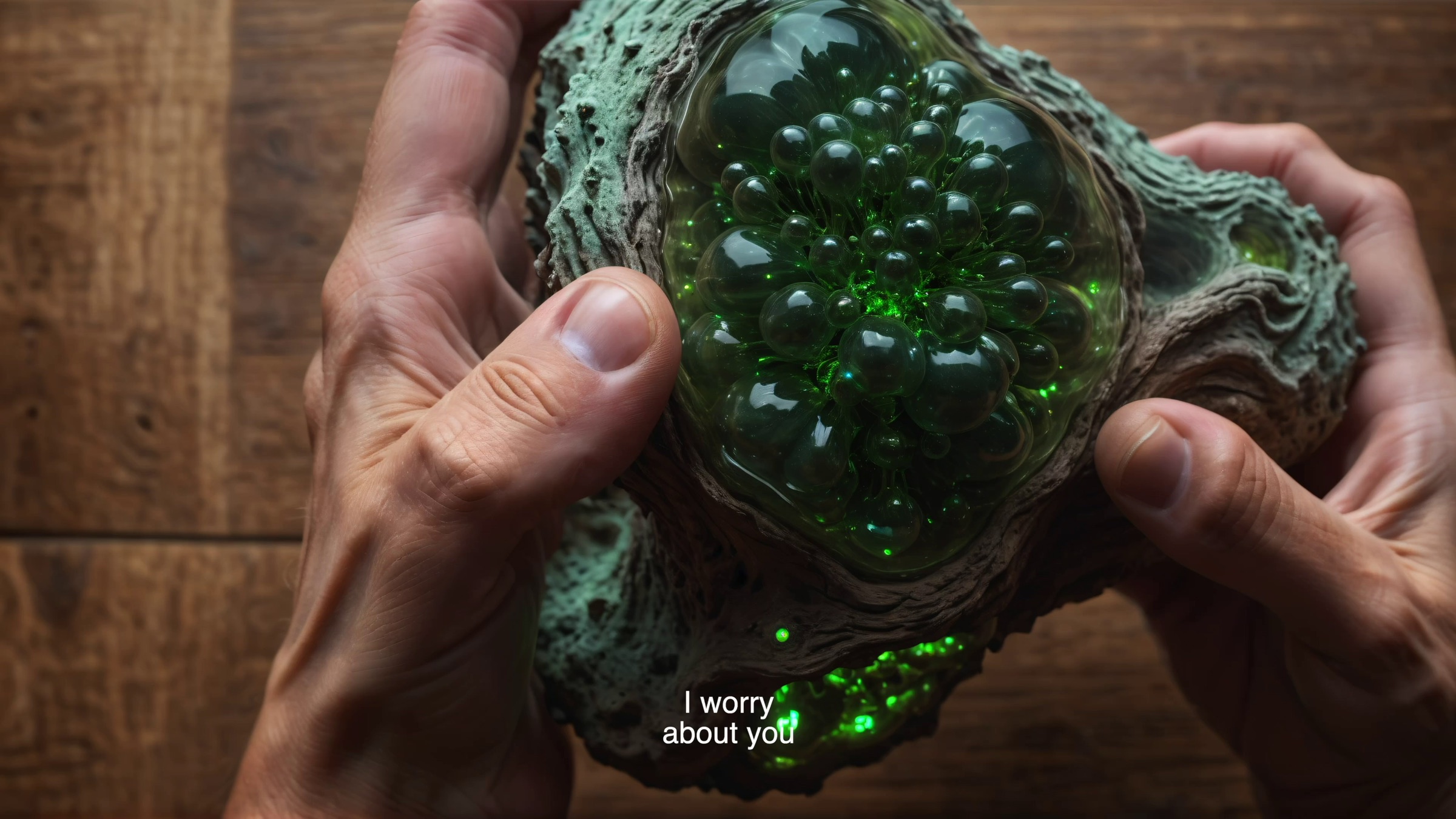 Video still of two hands cradling a coral-like resin sculpture with clustered translucent green bubbles, subtitle text reading 'I worry about you'