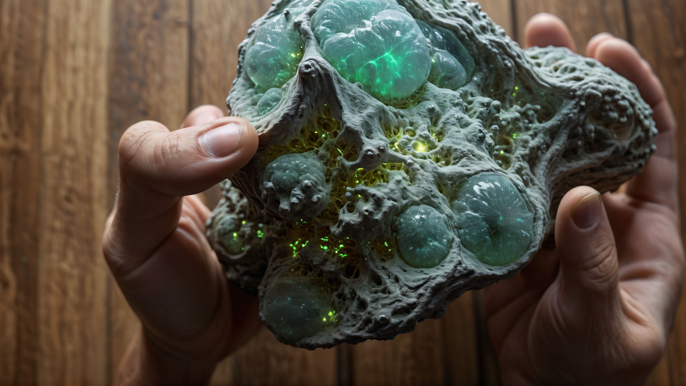Close-up of hands holding a coral-like resin sculpture with translucent green nodules and a glowing yellow-green light inside