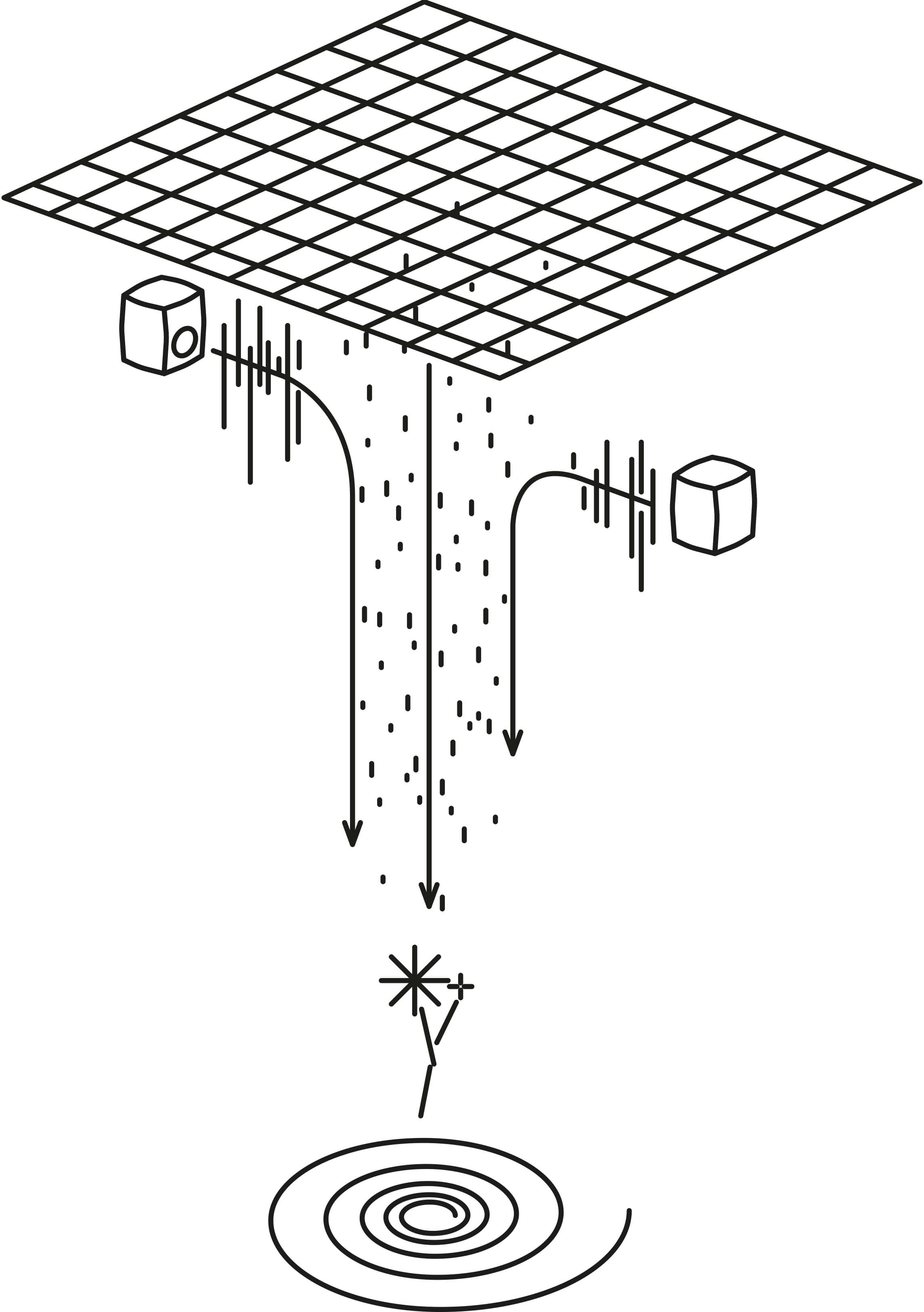 Black-and-white diagram of a wireframe grid plane with sound waves and dotted particles falling toward a human figure and spiral pattern below, flanked by two speaker icons