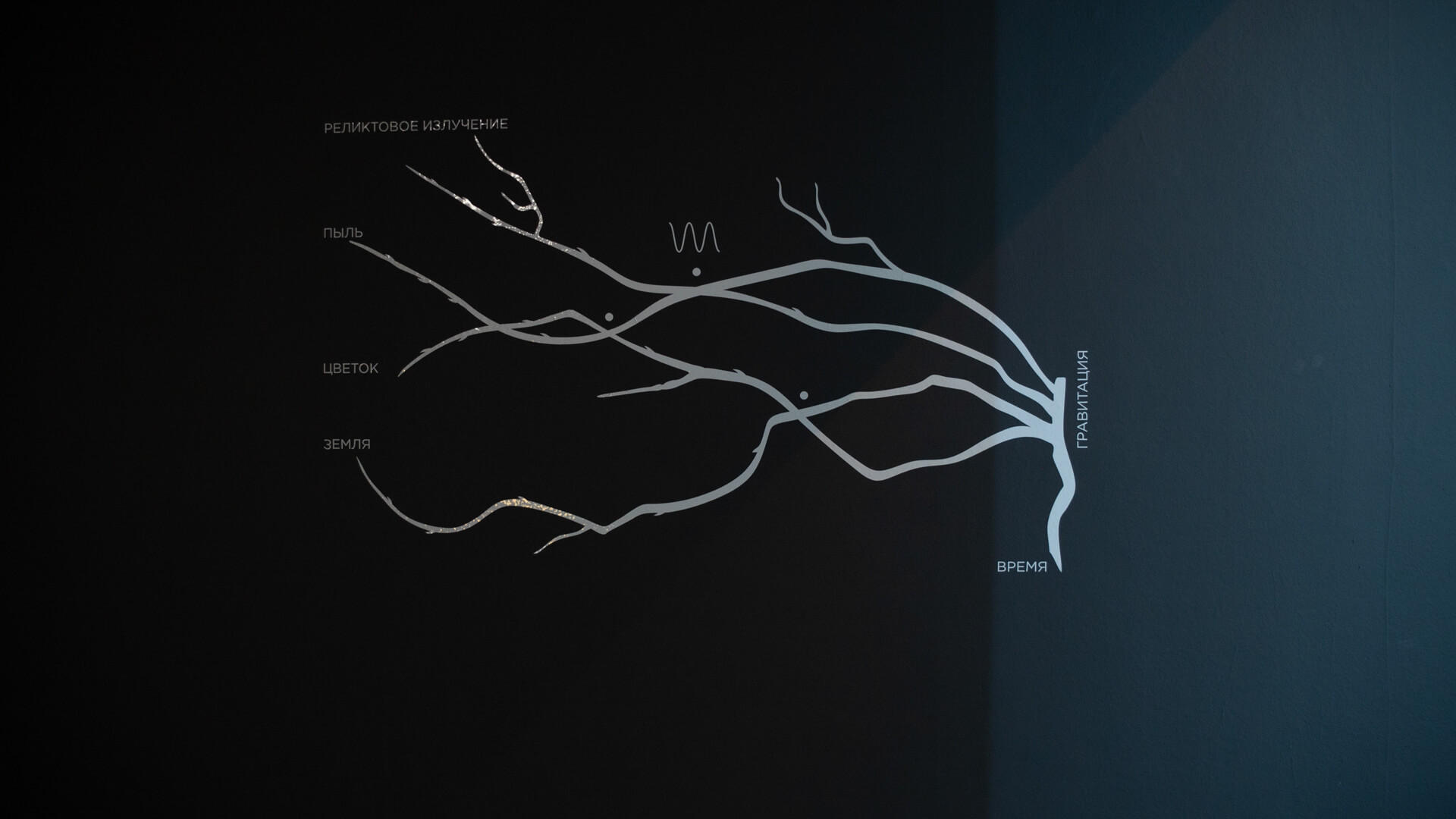Dark diagram with branching light-gray lines connecting Russian labels for relic radiation, dust, flower, earth, gravity, and time
