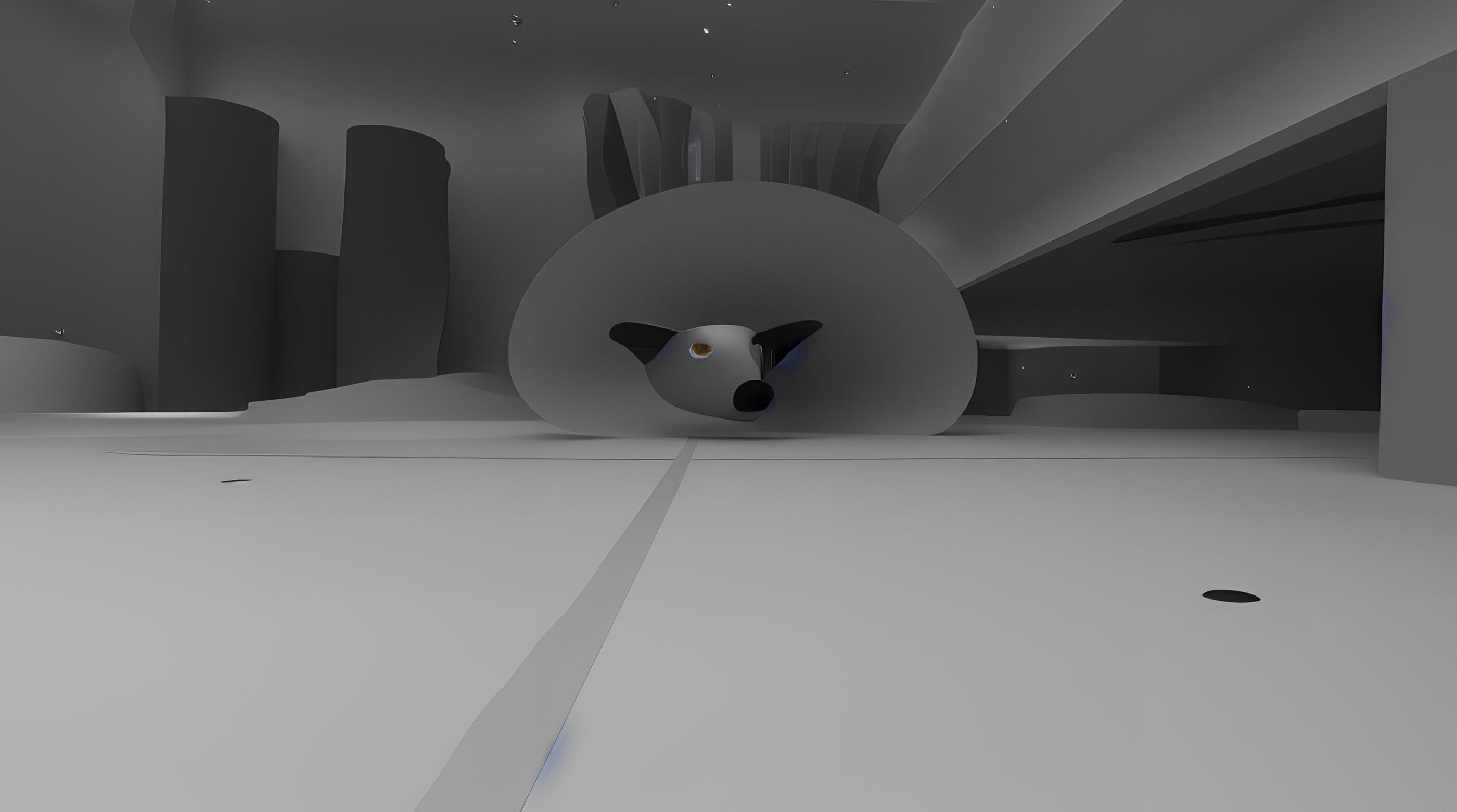 Grayscale 3D render of a stylized dog's head emerging from an abstract tunnel-like architectural space, seen from ground level