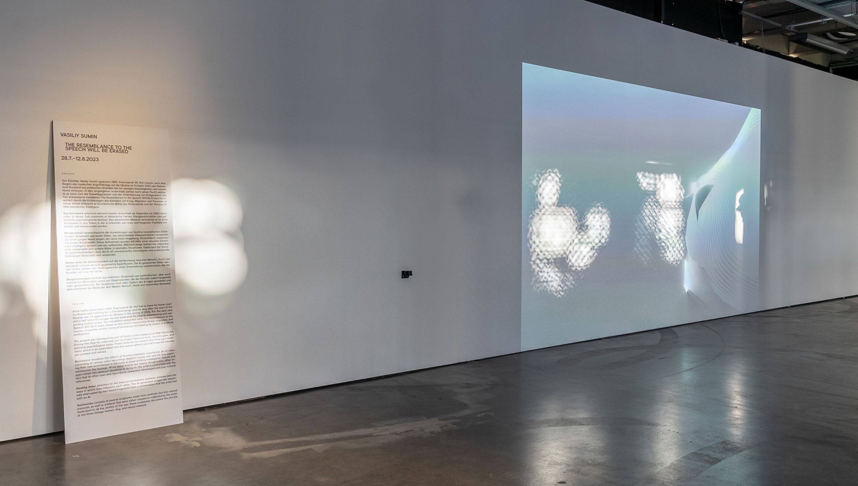 Gallery installation view of a bilingual wall text panel beside a wall projection of a blurred, distorted figure