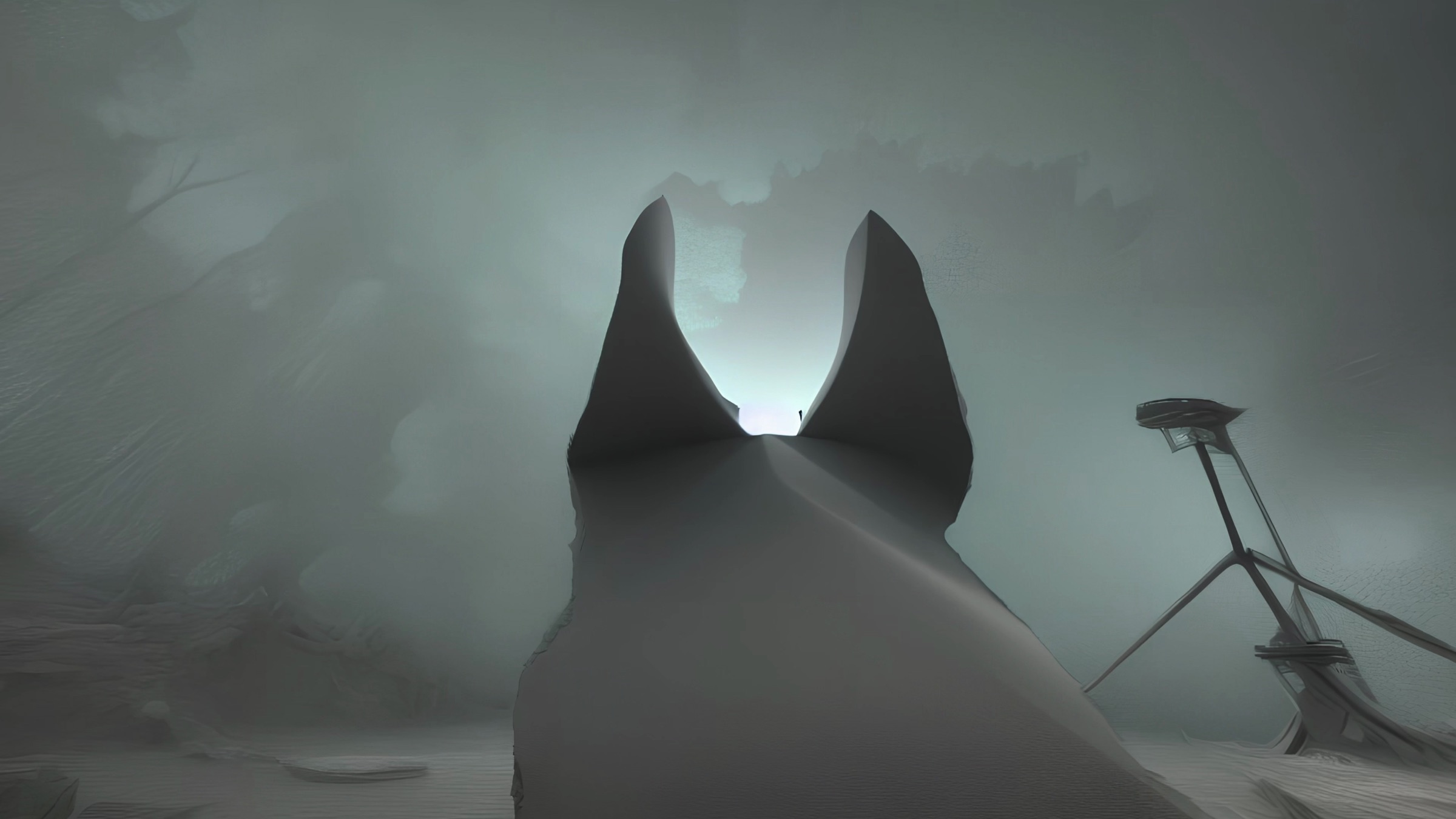 Grayscale video still of a dog's pointed ears and head seen from behind, facing a bright doorway in a foggy landscape