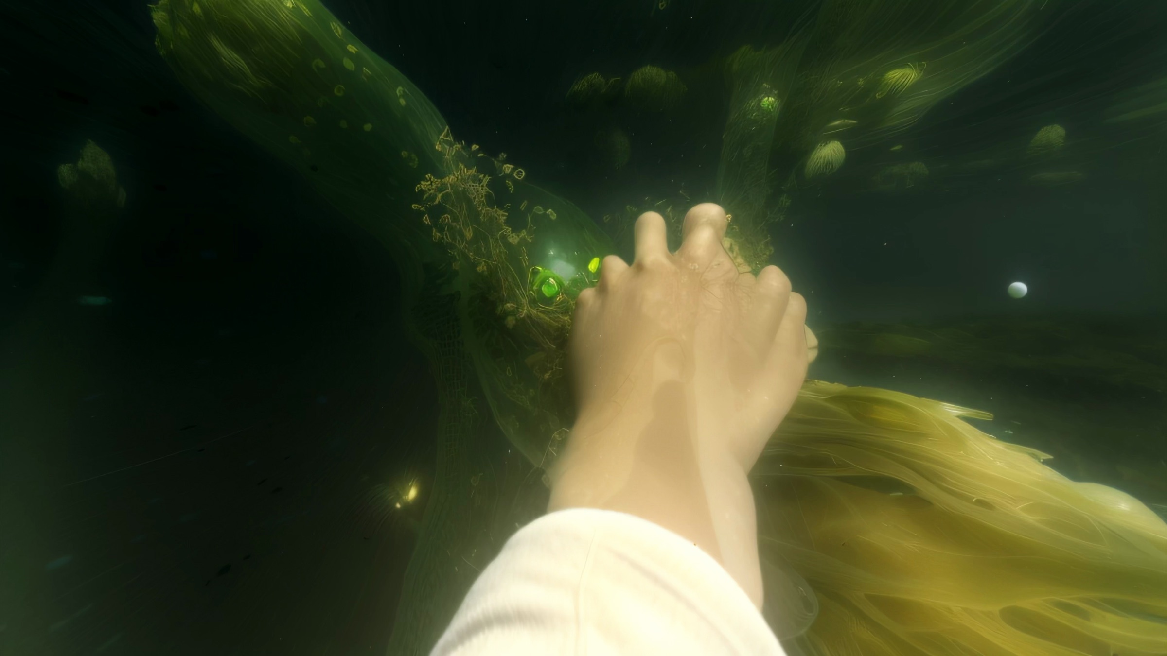 Video still of two clasped hands reaching into glowing green underwater-like foliage