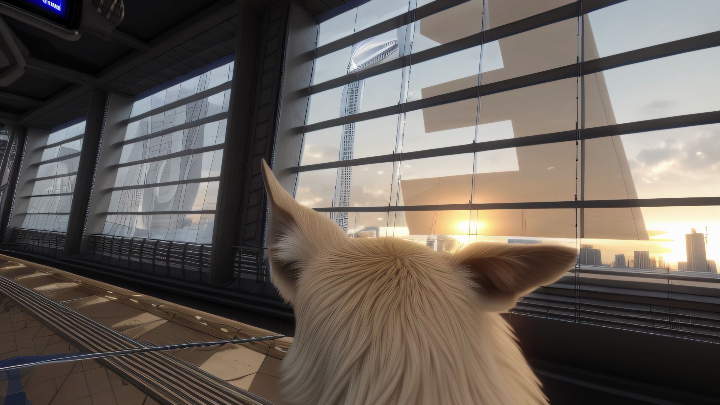 Video still from behind a dog's head with light fur and pointed ears, looking out through blinds at a sunset skyline