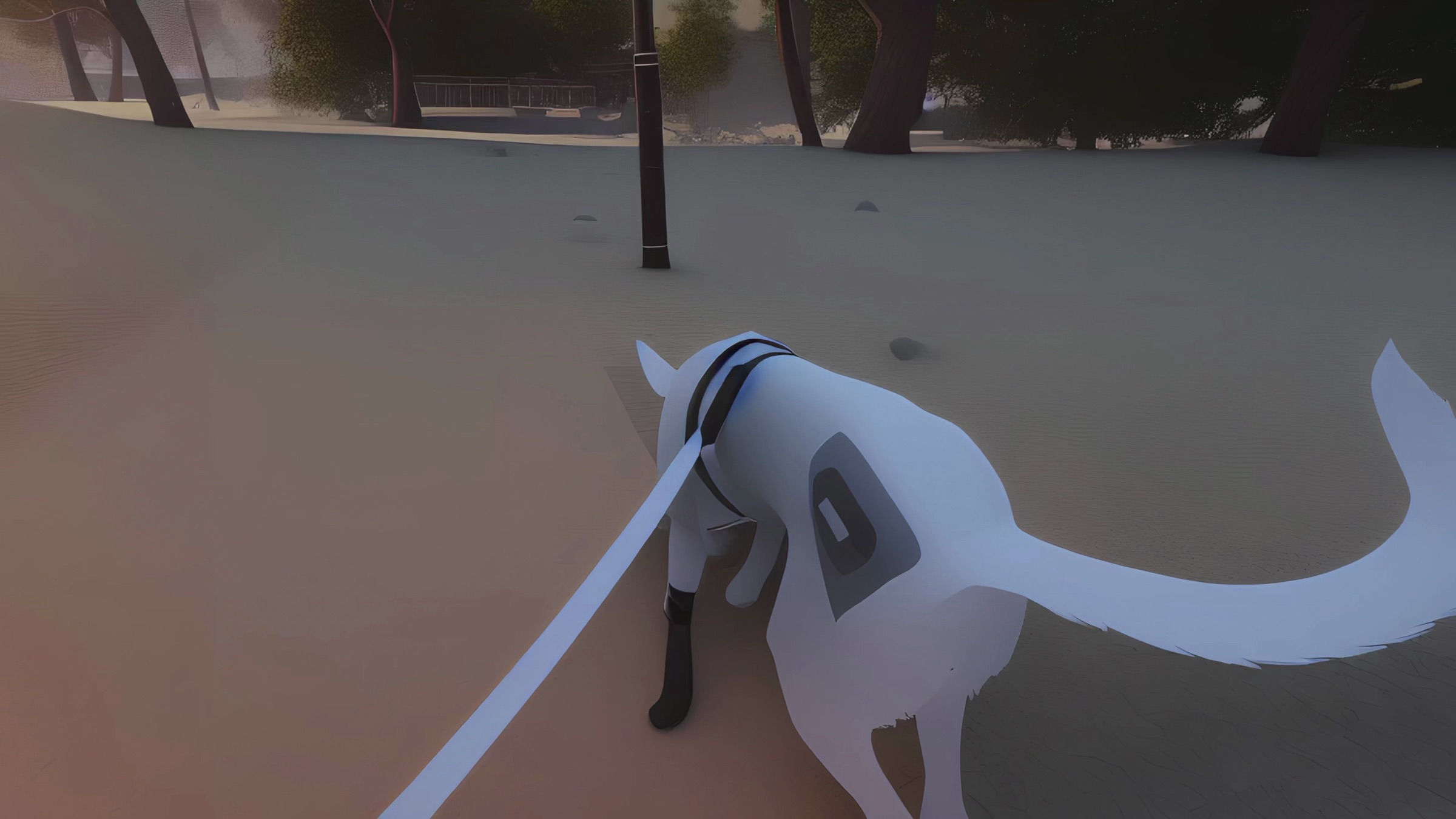 Video still of a white dog with a numbered tag on its back, walking on a leash across sandy ground near trees