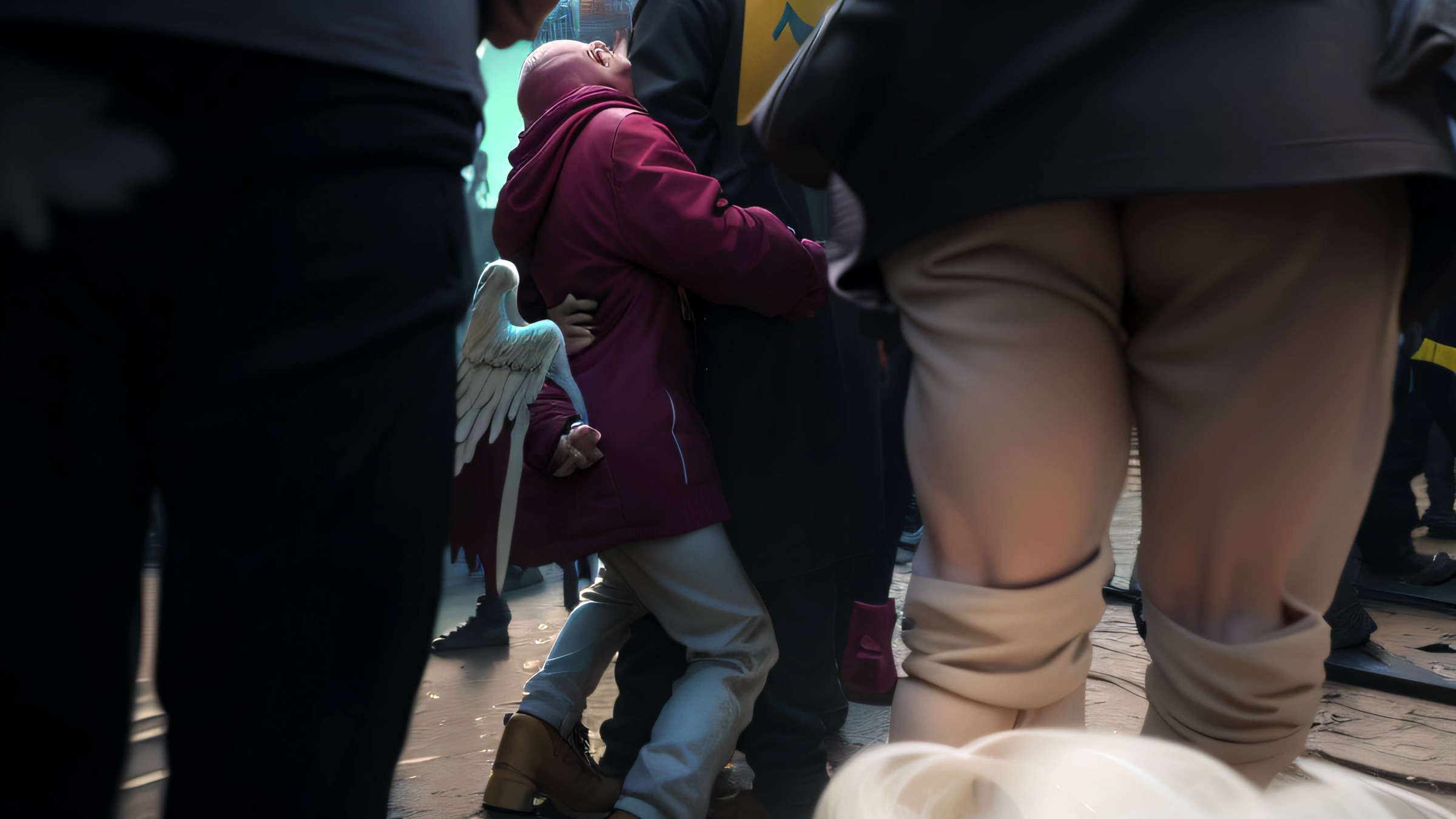 Video still of a bald figure in a magenta coat with a wing-shaped ornament, standing among a crowd of legs and bodies