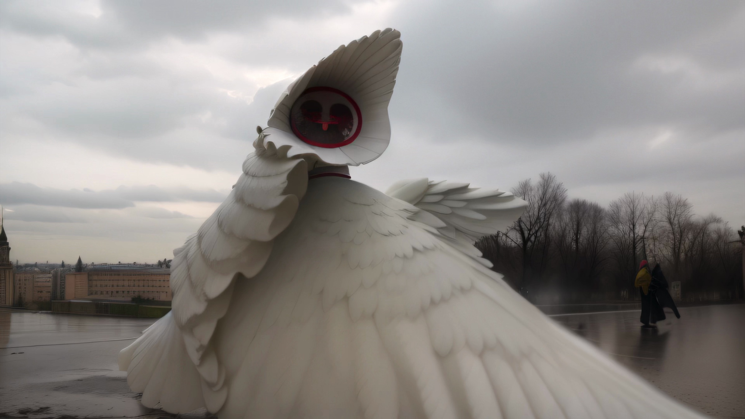Video still of a large white feathered wing-like sculpture with a red-rimmed circular opening, worn on a person's back in an outdoor plaza