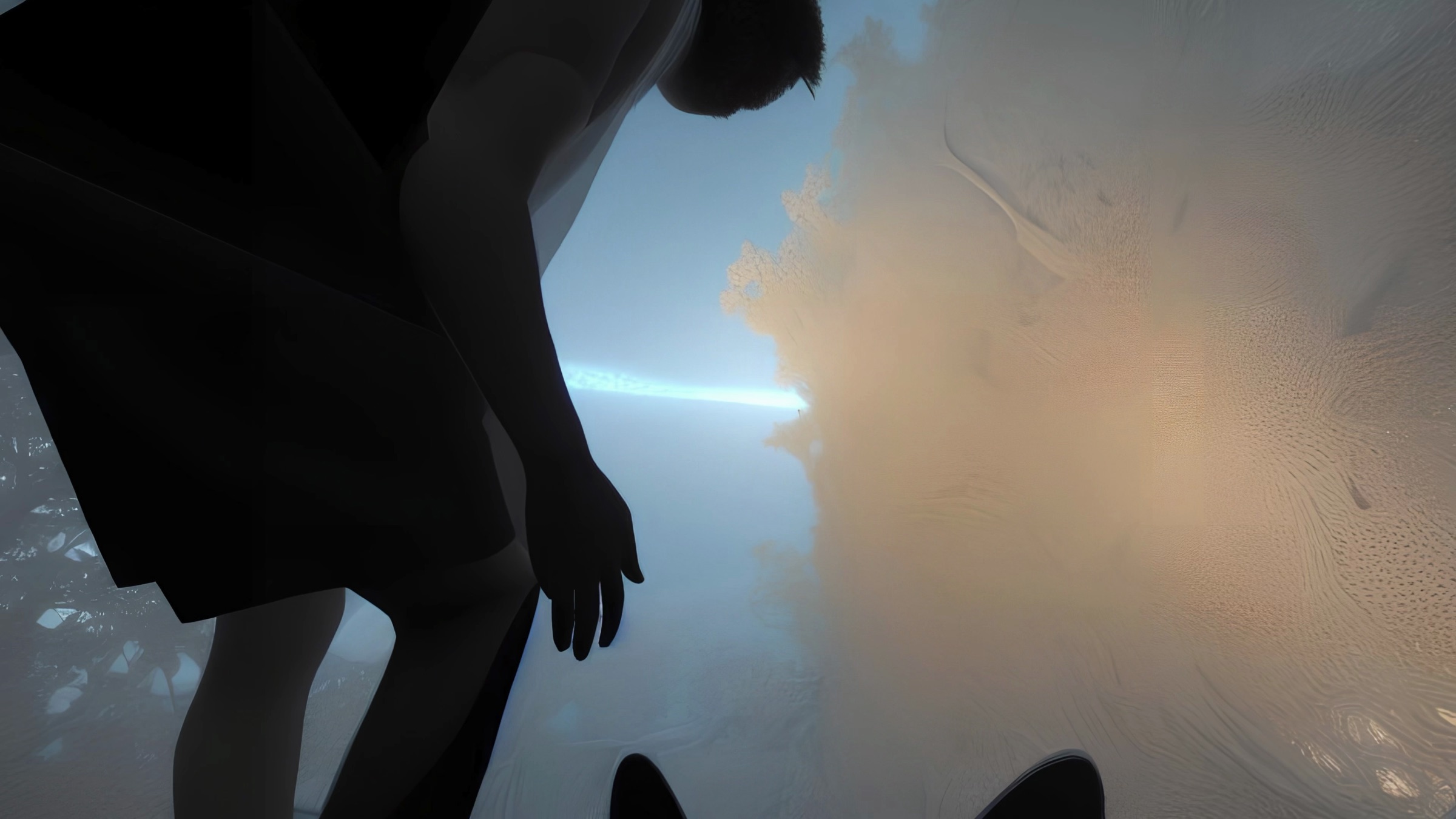 Video still from a low angle behind a person's silhouette reaching a hand toward a bright hazy horizon