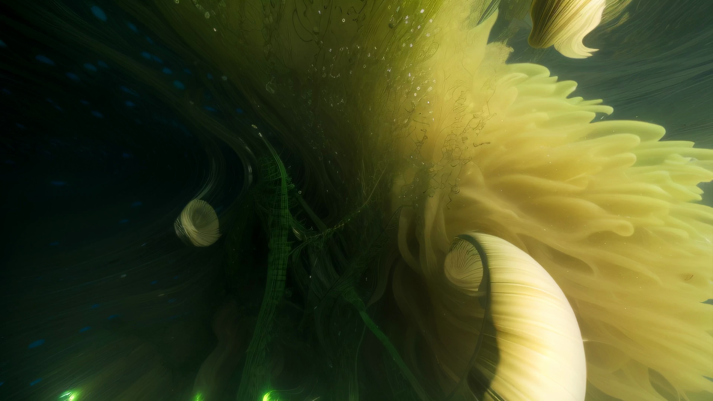 Abstract video still of glowing yellow-green organic tendrils and spherical forms against a dark background